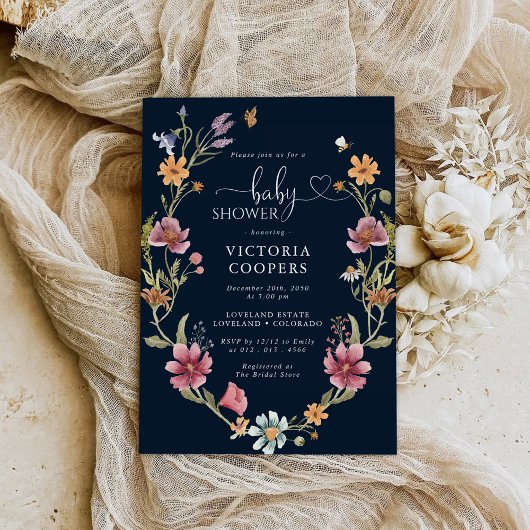 Navy Blue Wildflower Baby shower Uitnodiging