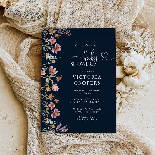 Navy Blue Wildflower Baby shower Uitnodiging