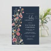 Navy Blue Wildflower Baby shower Uitnodiging (Staand voorkant)
