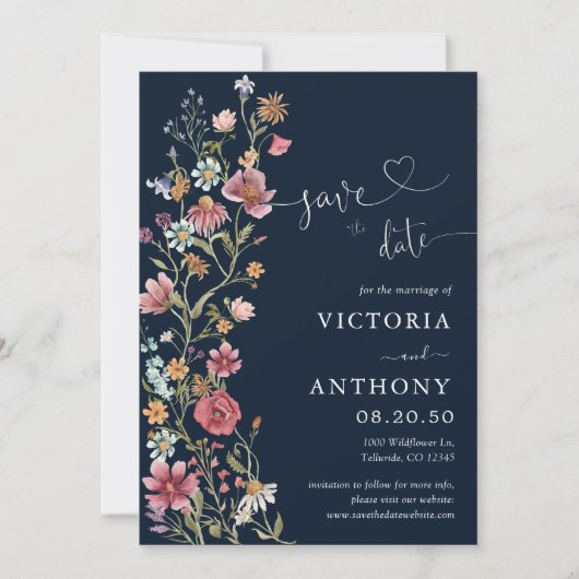 Navy Blue Wildflower bewaart de datumkaarten Kaart (Voorkant)