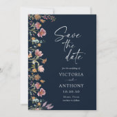 Navy Blue Wildflower bewaart de datumkaarten Save The Date (Voorkant)