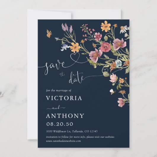 Navy Blue Wildflower bewaart de datumkaarten Save The Date (Voorkant)