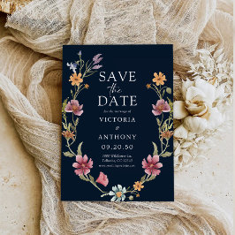 Navy Blue Wildflower bewaart de datumkaarten Save The Date