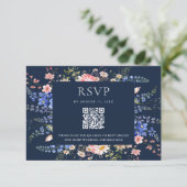 Navy Blue Wildflower Bloemen Huwelijk RSVP Kaartje (Staand voorkant)