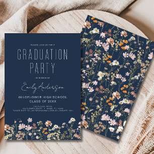 Navy Blue Wildflower Bloom Afstudeerfeest Boho Kaart