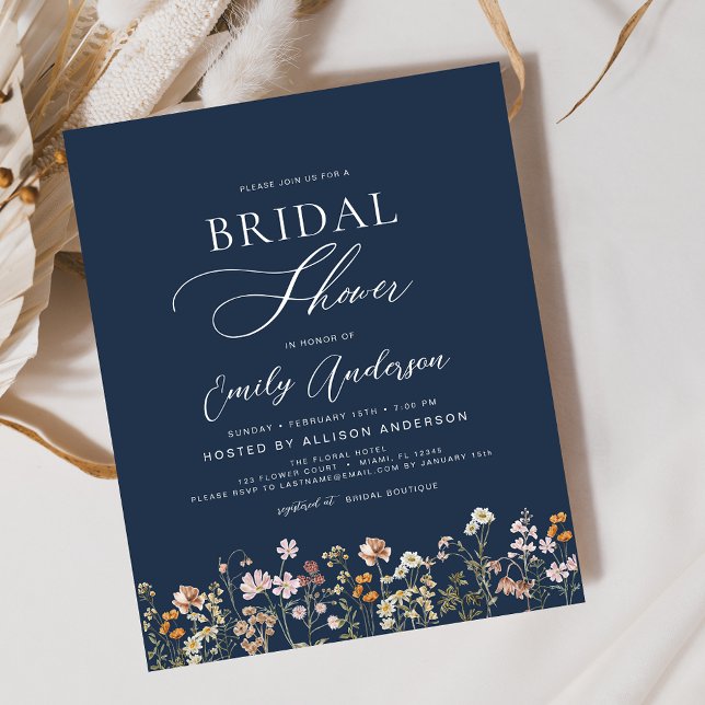 Navy Blue Wildflower Bridal Shower Uitnodiging (Creator heeft geüpload)