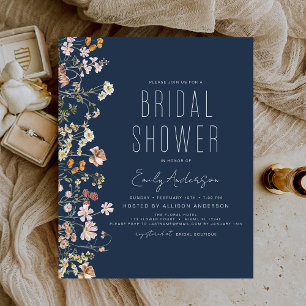 Navy Blue Wildflower Bridal Shower Uitnodiging