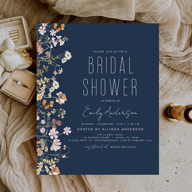 Navy Blue Wildflower Bridal Shower Uitnodiging (Creator heeft geüpload)