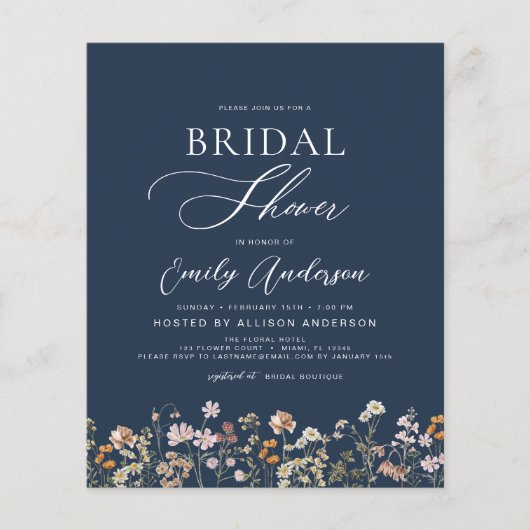 Navy Blue Wildflower Bridal Shower Uitnodiging Flyer (Voorkant)