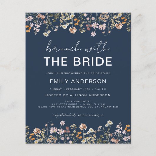 Navy Blue Wildflower Bruids Brunch Uitnodigingen Flyer (Voorkant)
