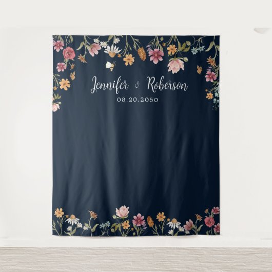 Navy Blue Wildflower bruiloft achtergronden Wandkleed (Voorkant)