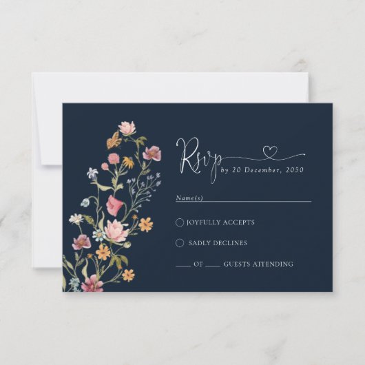 Navy Blue Wildflower bruiloft RSVP Kaart (Voorkant)