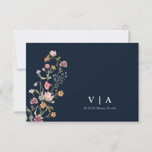 Navy Blue Wildflower bruiloft RSVP Kaart (Achterkant)