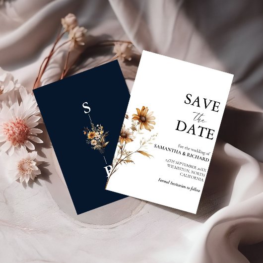 Navy Blue Wildflower bruiloft Save the Date Kaart
