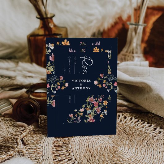 Navy Blue Wildflower bruiloft uitnodiging buik ban Uitnodigingen Wikkel