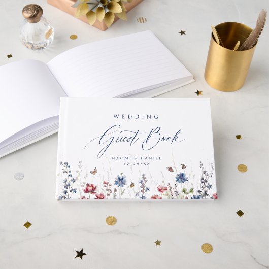 Navy Blue Wildflower Field Rustic Wedding Gastenboek (Voorkant open)