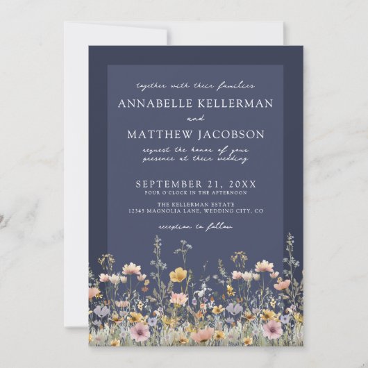 Navy Blue Wildflower Floral Wedding Kaart (Voorkant)