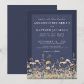 Navy Blue Wildflower Floral Wedding Kaart (Voorkant / Achterkant)