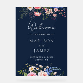 Navy Blue Wildflower Floral Wedding Welcome Acryl Bord