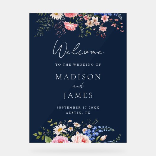 Navy Blue Wildflower Floral Wedding Welcome Acryl Bord (Voorkant)