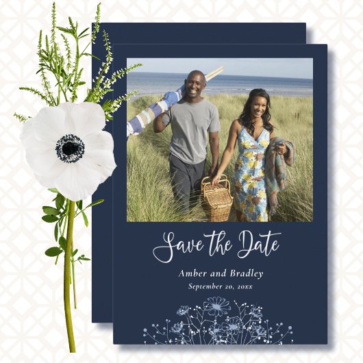 Navy Blue Wildflower Foto QR-code Bewaar de datum Kaart