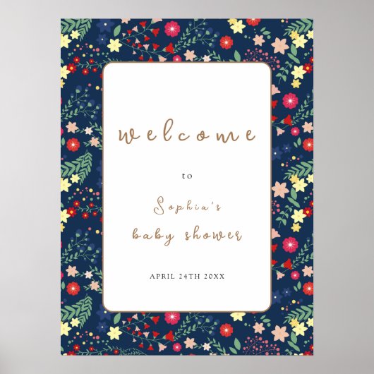 Navy Blue Wildflower Lijst Baby shower Welkom Poster (Voorkant)