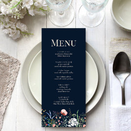 Navy Blue Wildflower Meadow Bruiloft Menu Kaart