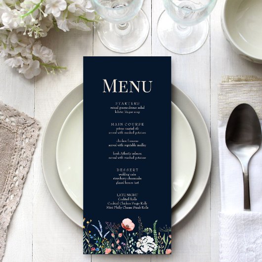 Navy Blue Wildflower Meadow Bruiloft Menu Kaart