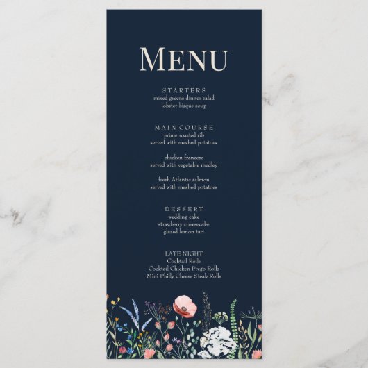 Navy Blue Wildflower Meadow Bruiloft Menu Kaart (Voorkant)