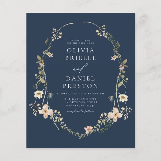 Navy Blue Wildflower QR Code Tuin Trouwen Flyer (Voorkant)