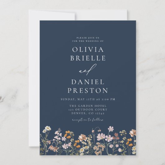 Navy Blue Wildflower QR Code Tuin Trouwen Kaart (Voorkant)