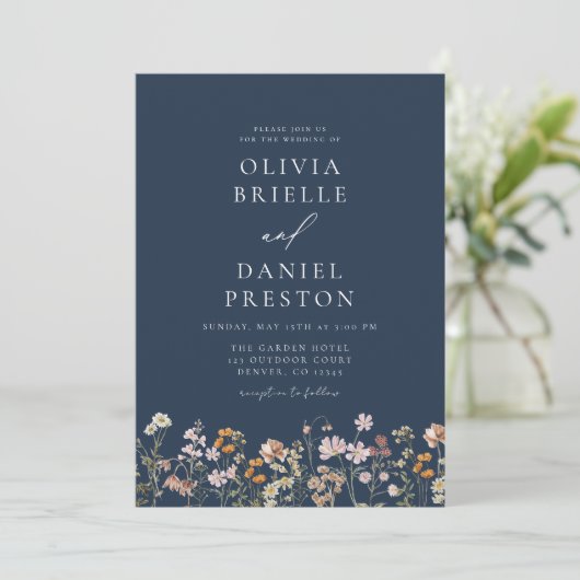 Navy Blue Wildflower QR Code Tuin Trouwen Kaart (Staand voorkant)