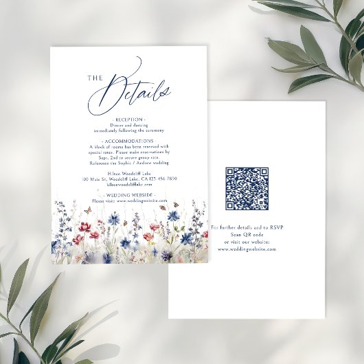 Navy Blue Wildflower Rustic QR code Details Notitiekaartje