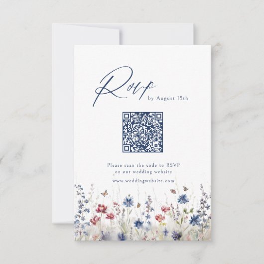 Navy Blue Wildflower Rustic Wedding QR code RSVP Kaartje (Voorkant)