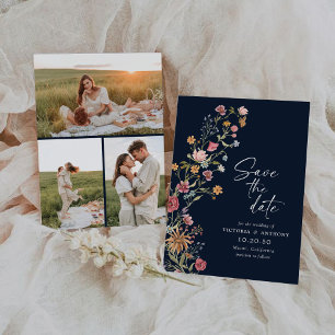 Navy Blue Wildflower Sla de datum op met fotokaart Save The Date