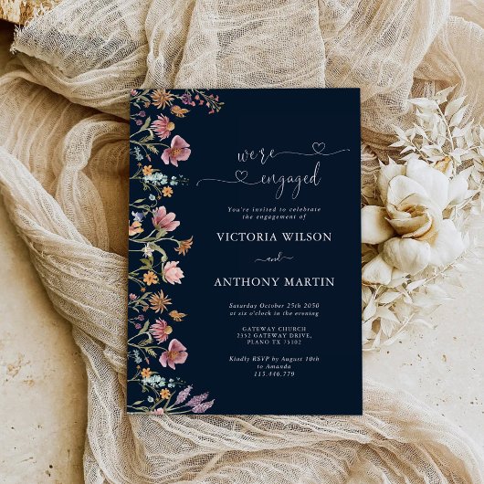 Navy Blue Wildflower Verlovingsfeest Uitnodiging