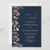 Navy Blue Wildflower Verlovingsfeest Uitnodiging (Voorkant)