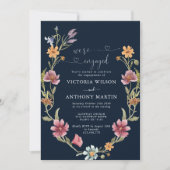 Navy Blue Wildflower Verlovingsfeest Uitnodiging (Voorkant)