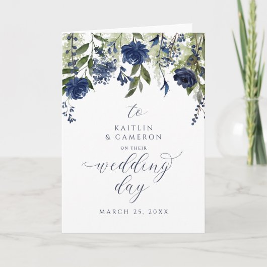 Navy Blue Wildflower Weddendag Wenskaart Kaart (Voorkant)