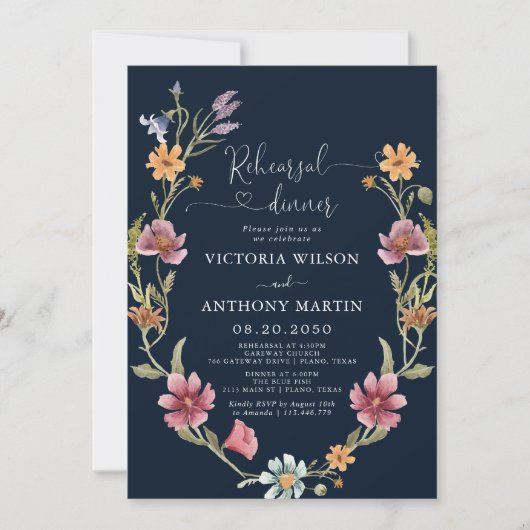 Navy Blue Wildflowers repetitie diner uitnodiging (Voorkant)