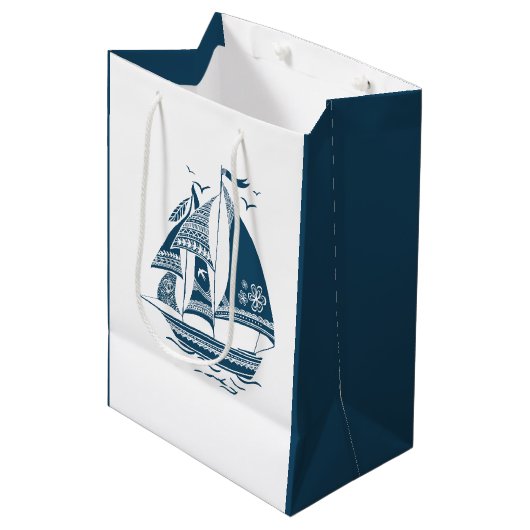 Navy-Blue Wind Sailing Nautical Boat Illustratie Medium Cadeauzakje (Voorkant Gekanteld)