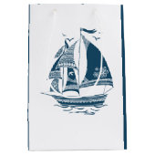 Navy-Blue Wind Sailing Nautical Boat Illustratie Medium Cadeauzakje (Voorkant)