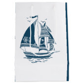 Navy-Blue Wind Sailing Nautical Boat Illustratie Medium Cadeauzakje (Achterkant)