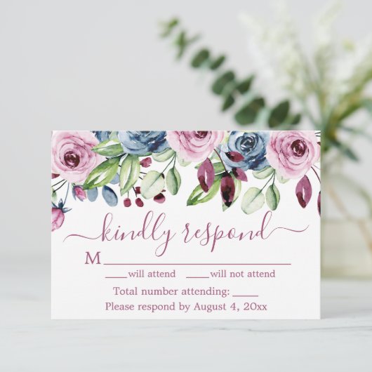 Navy Blue Wine Floral Wedding RSVP-kaart Bedankkaart (Staand voorkant)