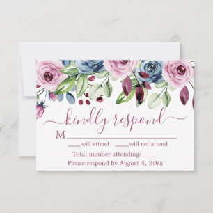 Navy Blue Wine Floral Wedding RSVP-kaart Bedankkaart