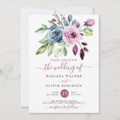 Navy Blue Wine Waterverf Bloemenbruiloft Kaart (Voorkant)