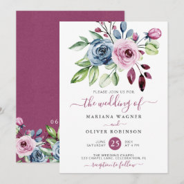 Navy Blue Wine Waterverf Bloemenbruiloft Kaart