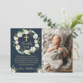 Navy Blue Winter Floral Baptism Bedankkaart (Staand voorkant)