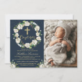 Navy Blue Winter Floral Girl Baptism Foto Kaart (Voorkant)