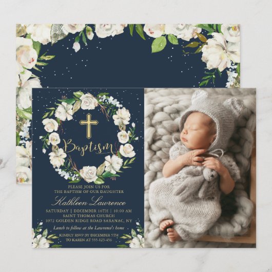 Navy Blue Winter Floral Girl Baptism Foto Kaart (Voorkant / Achterkant)